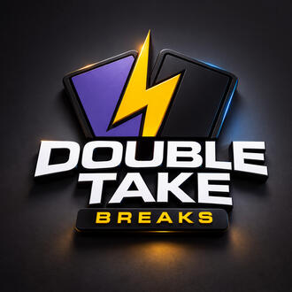 Double Take Breaks Double Take Breaks Logo consisting of a yellow lightning bolt between a purple revealed card and a black cover card.